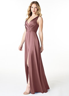 Azazie Nelly Bridesmaid Dresses Vintage Mauve A-Line V-Neck Pleated Stretch Satin Dress image3