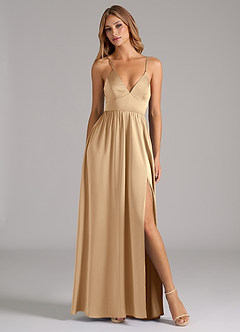 Azazie Aaida Bridesmaid Dresses Champagne A-Line Corset Stretch Satin Dress image5