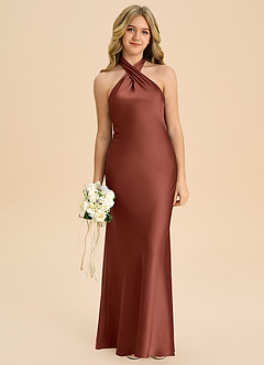 Azazie Chickie Junior Robe Fourreau en Satin extensible Plissée Auburn image3