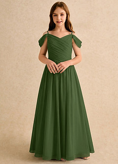 Azazie Chelo Girls Formal Abiti da Ragazza di Fiori Abito A-Line in Chiffon Plissettato Oliva image4