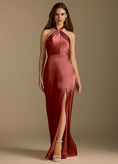 Azazie Tracie Bridesmaid Dresses Terracotta A-Line Pleated Metallic Satin Dress image6