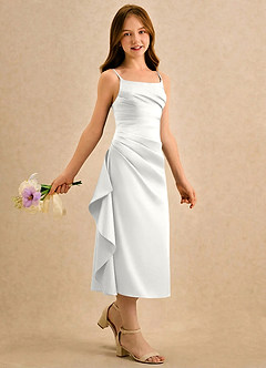 Azazie Canna Girls Formal Blomsterpigekjoler A-Line Plisseret Stræk satin Te-længde Kjole image3