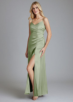 Azazie Azuree Bridesmaid Dresses Dusty Sage A-Line Pleated Stretch Satin Dress image4