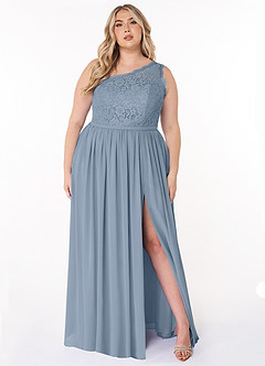 Azazie Demi Vestidos de damas de honor Vestido de Azul Polvoriento de Gasa de Corte en A con Hombro unilateral image11