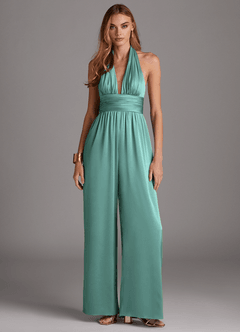 Azazie Oli Vestidos de damas de honor Aqua de Satén Elástico de Mono con Plisado image3