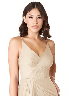 Azazie Evalin Bridesmaid Dresses Champagne A-Line V-Neck Pleated Mesh Dress image5