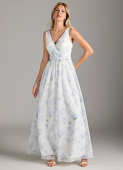 Azazie Kora Bridesmaid Dresses Blue Vintage Floral A-Line Pleated Chiffon Dress image3