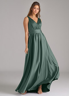 Azazie Kora At-home Try On Dresses Dusty Blue A-Line Pleated Stretch Satin Dress image4