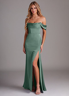 Azazie Saige Bridesmaid Dresses Eucalyptus Sheath Off the Shoulder Stretch Satin Dress image1