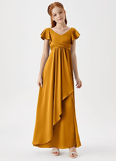 Azazie Omari Junior Butterscotch A-Line Pleated Stretch Satin Dress image3