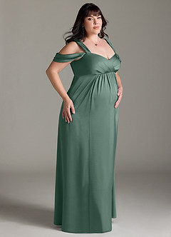 Azazie Rhea Robes de demoiselle d'honneur de maternité Robe Trapèze Épaule nue plissée Longueur ras du sol Satin extensible image10