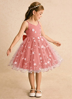 Azazie Junebug Flower Girl Dresses Salmon Pink Ball-Gown Spaghetti Strap Tulle Dress image4