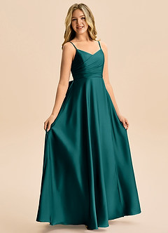 Azazie Rumi Junior Vestido de Pavo Real de Satén Elástico de Corte en A con Plisado image5