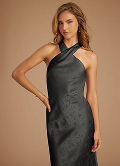 Azazie Doretta Vestidos de damas de honor Vestido de Jacquard Floral Negro de Jacquard Floral de Corte Sirena con Plisado image3