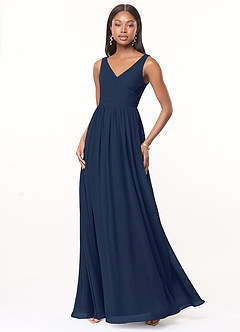 Azazie Keyla Bridesmaid Dresses Dark Navy A-Line V-Neck Pleated Chiffon Dress image1