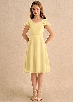 Azazie Narin Girls Formal Robe Demoiselle D'honneur Fillette Robe Trapèze en Mousseline de soie avec manches Beurre image5