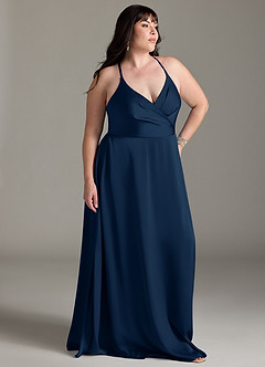 Azazie Davis Bridesmaid Dresses Dark Navy A-Line Pleated Stretch Satin Dress image9
