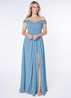Azazie Audrianna Bridesmaid Dresses Steel Blue A-Line Off-The-Shoulder Gathered Chiffon Convertible Dress image1
