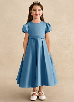 Azazie Princess vestidos de niña de las flores Vestido de Azul Acero de Satin Mate de Corte En A con Plisado image5