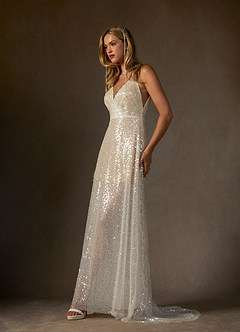 Azazie Idony Vestidos de novia Vestido de Blanco Diamante Champán de Lentejuelas de Corte en A con Lentejuelas Cuello V image7