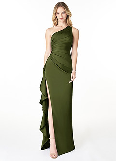 Azazie Latrice Bridesmaid Dresses Olive Sheath One Shoulder Cascading Ruffles Stretch Satin Dress image1