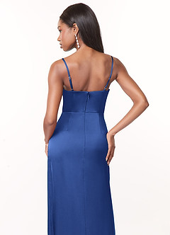 Azazie Maci Bridesmaid Dresses Royal Blue A-Line V-Neck Pleated Stretch Satin Dress image4