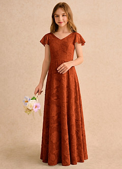 Azazie Narin Girls Formal Robe Demoiselle D'honneur Fillette Robe Trapèze en Blumen-Burnout avec manches Paprika image5