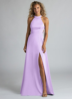 Azazie Clarice Bridesmaid Dresses Lilac A-Line High Neck Stretch Satin Dress image4