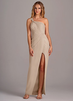 Azazie Tatianna Bridesmaid Dresses Taupe Sheath One Shoulder Chiffon Dress image3