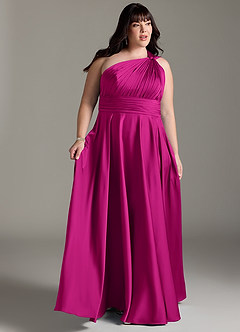 Azazie Charlize Bridesmaid Dresses Fuchsia A-Line One Shoulder Stretch Satin Dress image10