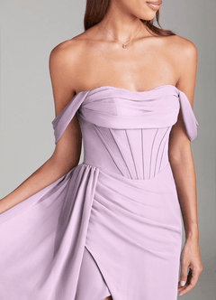 Azazie Amyra Abiti da Damigella Abito Convertibile Tubino in Chiffon a Spalla Scoperta Lilla Glassato image6