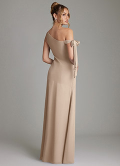 Azazie Aylin Bridesmaid Dresses Taupe Sheath Off the Shoulder Chiffon Dress image2