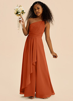 Azazie Skye Junior Robe Trapèze en Mousseline de soie Plissée Orange Brûlée image3
