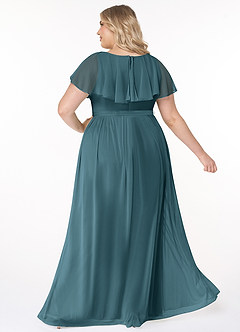 Azazie Jael Brautjungfernkleider A-Linie V-Hals Gittergewebe Kleid Bermudablau image10