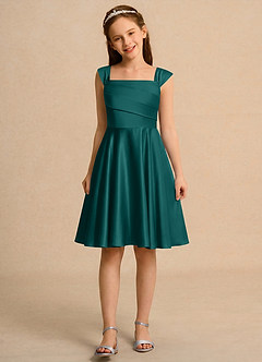 Azazie Budle Girls Formal Flower Girl Dresses Peacock A-Line Pleated Matte Satin Dress image4