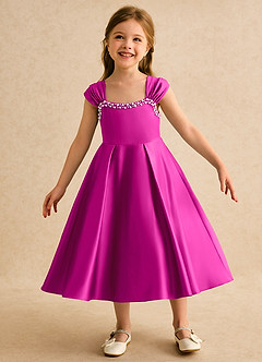 Azazie Yosemite Flower Girl Dresses Fuchsia Ball-Gown Sweetheart Neckline Matte Satin Dress image3