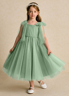 Azazie Dori Flower Girl Dresses Matcha A-Line Ruched Tulle Dress image2