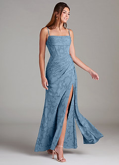 Azazie Denisa Bridesmaid Dresses Steel Blue Sheath Pleated Floral Burnout Dress image4