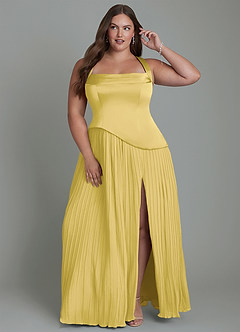 Azazie Stephanie Bridesmaid Dresses Canary A-Line Pleated Stretch Satin Dress image1