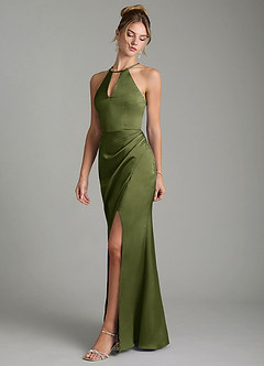 Azazie Aidyn Robes de demoiselle d'honneur Robe Fourreau en Satin extensible Plissée Olive image4