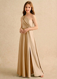 Azazie Puddles Girls Formal Flower Girl Dresses Gold A-Line One Shoulder Stretch Satin Dress image4