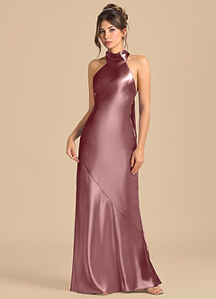 Azazie Velli Bridesmaid Dresses Vintage Mauve Sheath High Neck Metallic Satin Dress image3