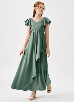 Azazie Omari Junior Eucalyptus A-Line Pleated Stretch Satin Dress image1