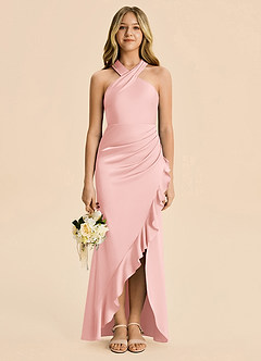 Azazie Thea Junior Powder Pink Sheath Ruched Stretch Satin Dress image3