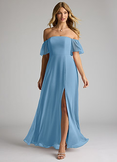 Azazie Sue Jurken voor bruidsmeisjes Converteerbaar Jurk van Chiffon met A-Lijn Off the Shoulder Staal Blauw image1