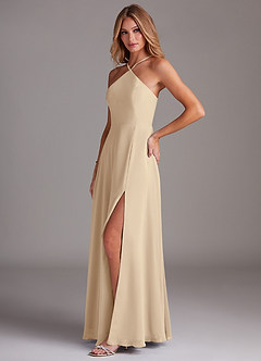 Azazie Bailey Bridesmaid Dresses Champagne A-Line Halter Side Slit Chiffon Dress image3