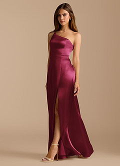 Azazie Trina Bridesmaid Dresses Burgundy A-Line One Shoulder Metallic Satin Dress image1