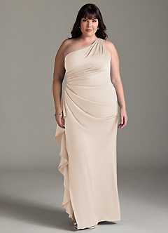 Azazie Latrice Bridesmaid Dresses White Alabaster Sheath One Shoulder Cascading Ruffles Stretch Satin Dress image6