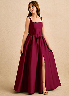 Azazie Enid Girls Formal Blomsterpigekjoler A-Line Perlebesat Stræk satin Gulv-længde Kjole image3