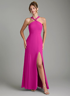 Azazie Rue Vestidos de damas de honor Vestido Fucsia de Gasa de Línea A con Halter image4